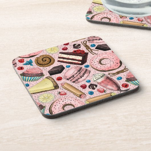 Zoete lekkernijen op roze bier onderzetter (Linkerzijde)