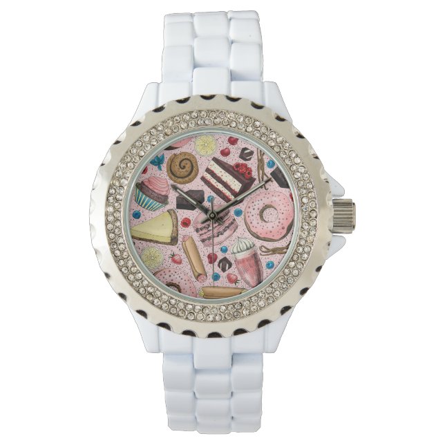 Zoete lekkernijen op roze horloge (Voorkant)