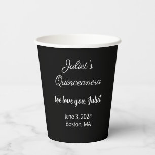 Zoete Letters: Wit op Zwarte Quinceanera Papieren Bekers