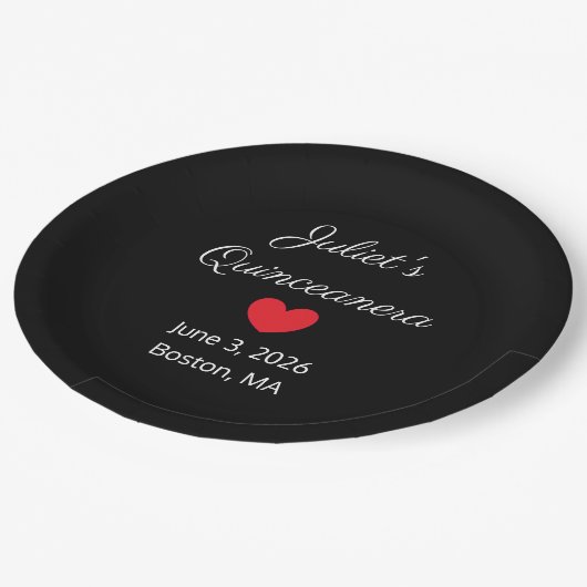 Zoete Letters: Wit op Zwarte Quinceanera Papieren Bordje (Gekanteld)