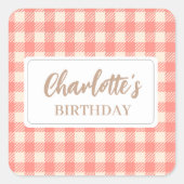 Zoete leuke vrolijke perzik roze preppy geruite ru vierkante sticker (Voorkant)