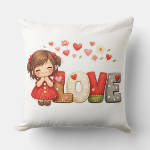 Zoete "LOVE" Hart & Chibi Meisje Worp Kussen