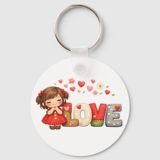 Zoete "LOVE" Hart & Chibi Meisje Worp Kussen Sleutelhanger (Voorkant)