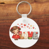 Zoete "LOVE" Hart & Chibi Meisje Worp Kussen Sleutelhanger (Achterkant)
