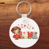 Zoete "LOVE" Hart & Chibi Meisje Worp Kussen Sleutelhanger (Voorkant)