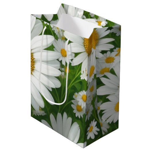 Zoete madeliefjespatroon wit bloemig groen medium cadeauzakje (Voorkant Gekanteld)