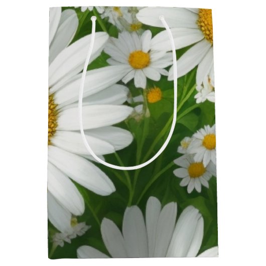 Zoete madeliefjespatroon wit bloemig groen medium cadeauzakje (Voorkant)