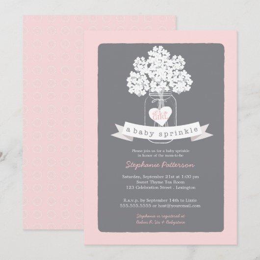 Zoete Mason Jar Roze | Grijze Baby Sprinkle Kaart (Voorkant / Achterkant)