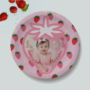 Zoete Meisje 1e Verjaardag Aardbeien Feestje Papieren Bordje
