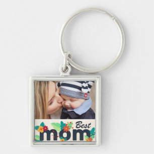 Zoete moderne bloemige foto van mama sleutelhanger