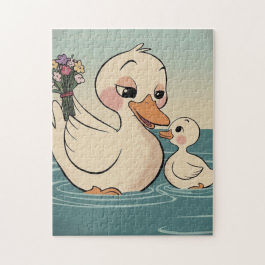Zoete moeder eend en eendje met bloemen legpuzzel (Verticaal)