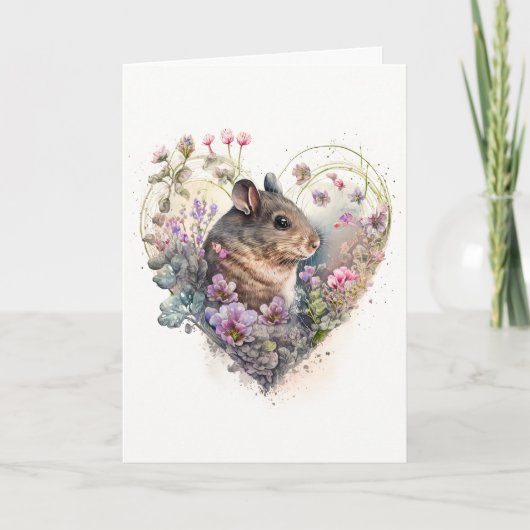 Zoete muis met paarse bloemen Valentijnsdag Feestdagen Kaart (Voorkant)