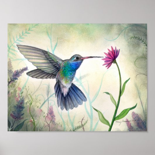 Zoete Nectar Kolibrie en Bloem Aquarel Poster (Voorkant)