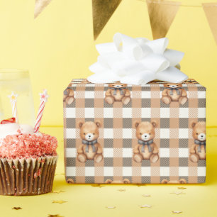 Zoete neutrale teddybeer geruit cadeaupapier