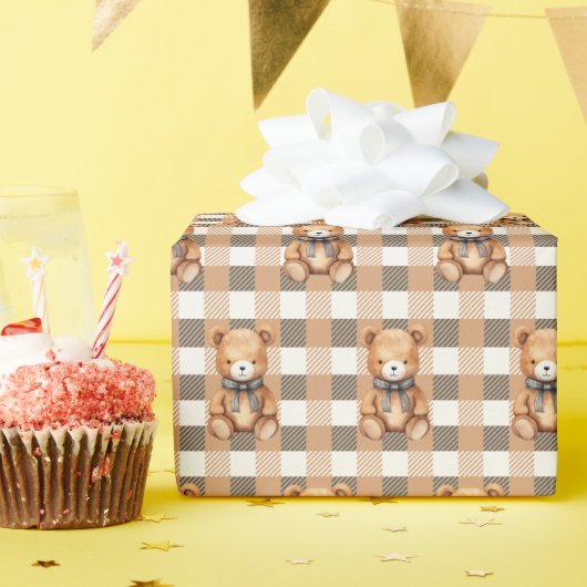 Zoete neutrale teddybeer geruit cadeaupapier (Verjaardagsfeest)