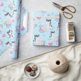 Zoete Nieuwe Baby Jongen en Ooievaar Cadeaupapier