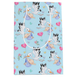 Zoete Nieuwe Baby Jongen en Ooievaar Medium Cadeauzakje