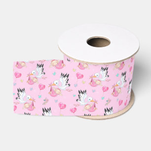 Zoete Nieuwe Baby Meisje en Ooievaar  Grosgrain Lint