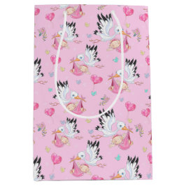 Zoete Nieuwe Baby Meisje en Ooievaar Medium Cadeauzakje