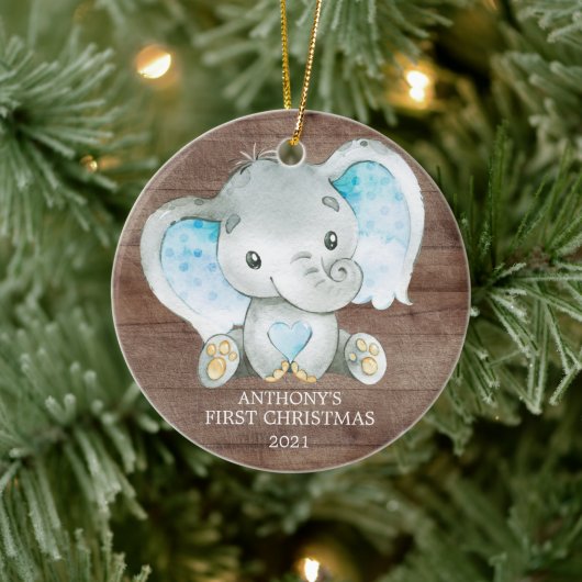 Zoete Olifant Jongen Baby's Eerste Kerst Ornament (Boom)