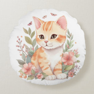Zoete Oranje Tabby Kitten met Bloemen Aquarel Rond Kussen
