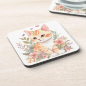 Zoete Oranje tablet Kitten met Waterverf bloemen Bier Onderzetter (Linkerzijde)