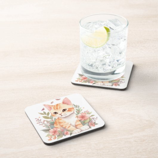 Zoete Oranje tablet Kitten met Waterverf bloemen Bier Onderzetter (Rechterzijde)