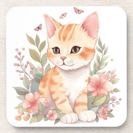 Zoete Oranje tablet Kitten met Waterverf bloemen Bier Onderzetter (Voorkant)