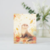 Zoete Otter in Herfst Pompoen Veld Briefkaart (Staand voorkant)