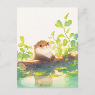 Zoete Otter Rustend op een Mosachtige Rivierstam Briefkaart