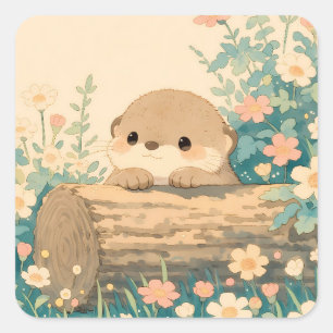 Zoete Otter Rustend Op Holle Stam Vierkante Sticker