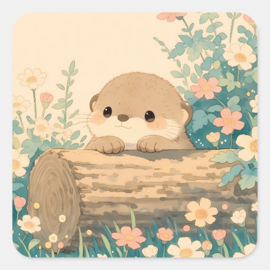 Zoete Otter Rustend Op Holle Stam Vierkante Sticker (Voorkant)