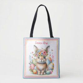 Zoete paashaas met bloemen en gekleurde eieren tote bag