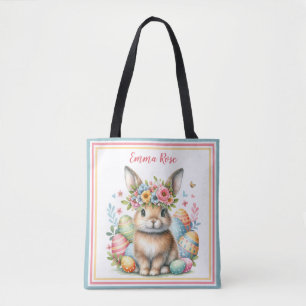 Zoete paashaas met bloemen en gekleurde eieren tote bag