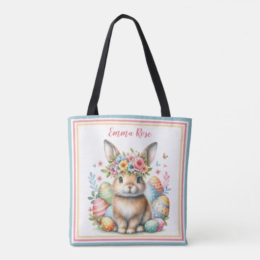 Zoete paashaas met bloemen en gekleurde eieren tote bag (Achterkant)