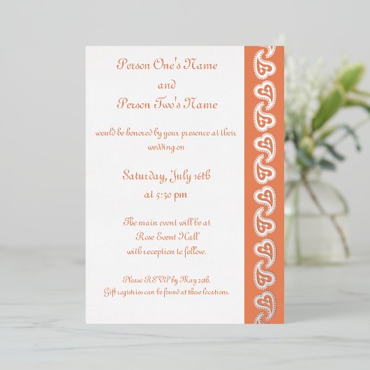 Zoete Paisley Harten in Koraal Folie Invitation Folie Uitnodiging (Staand Voorkant)