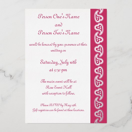Zoete Paisley Harten in Raspberry Folie Invitation Uitnodiging (Voorkant)