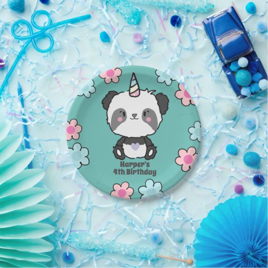 Zoete Panda Eenhoorn Meisje Bloemen Gepersonalisee Papieren Bordje (Feest)
