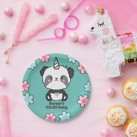Zoete Panda Eenhoorn Meisje Bloemen Gepersonalisee Papieren Bordje (Feest)
