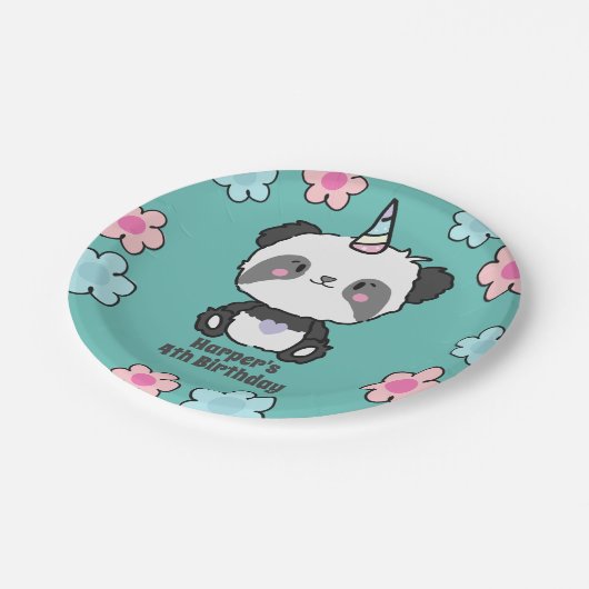 Zoete Panda Eenhoorn Meisje Bloemen Gepersonalisee Papieren Bordje (Gekanteld)