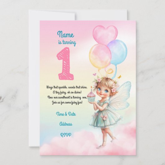Zoete Pastel Fee 1e Verjaardagsuitnodiging Kaart (Voorkant)