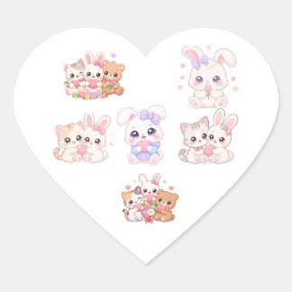 Zoete Pastel Kawaii Dieren Vrienden Stickerblad Hart Sticker