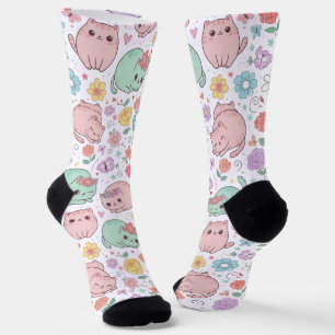 Zoete Pastel Kawaii Kat en Lente Bloem Motief  Sokken