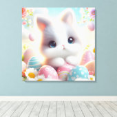 Zoete Pastel Kawaii Kitten Pasen Eieren Canvas Afdruk (Insitu (Houten vloer))