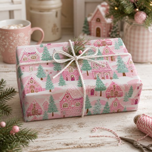 Zoete Pastel Roze Gemberkoek Dorp Kerstmis Cadeaupapier