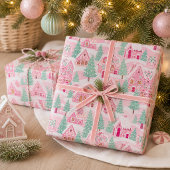 Zoete Pastel Roze Gemberkoek Dorp Kerstmis Cadeaupapier