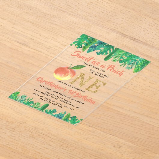 Zoete peach boys 1e verjaardag acryl uitnodigingen (Laagn)