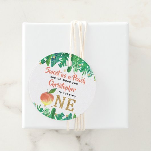Zoete peach boys 1e verjaardag bedankjes labels (In situ)