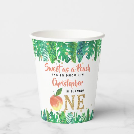 Zoete peach boys 1e verjaardag papieren bekers (Achterkant)
