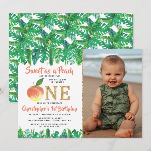 Zoete peach boys 1st Birthday foto Kaart (Voorkant / Achterkant)